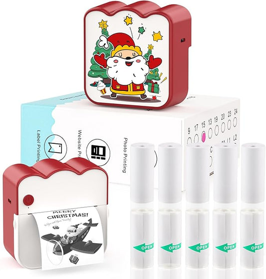Christmas Mini Photo Printer - Portable Pocket Sticker Printers for iPhone Thermal Printer with 10 Rolls Thermal Paper for Photo, Memo, Journal - Red