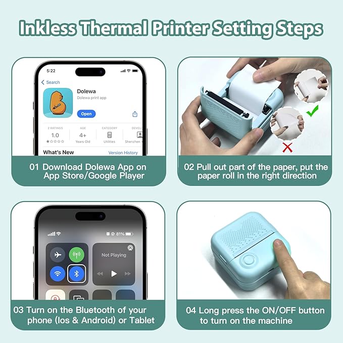 Sticker Printer with 7 Rolls Paper, Portable Mini Sticker Maker Bluetooth Thermal Printer for Photos, DIY,Crafts,Journal,Study,Work, Compatible Phone&Tablet (Blue)