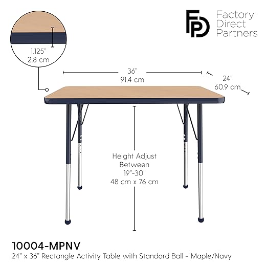 Factory Direct Partners FDP Rectangle Activity School and Office Table (24 x 36 inch), Standard Legs with Ball Glides, Adjustable Height 19-30 inches - Maple Top and Navy Edge