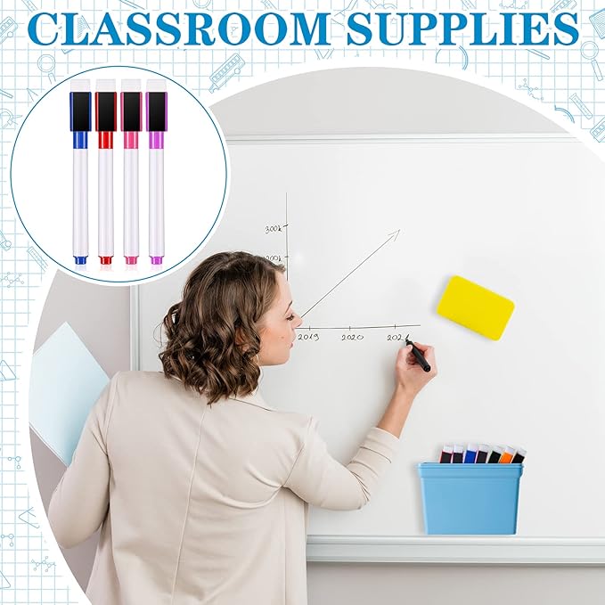 Boao Magnetic Dry Erase Marker Holder 10 Pcs Colorful Magnetic Markers Set with Eraser Whiteboard Plastic Pen Cup for Back to School Classroom Organization Supplies Refrigerator Accessories(Simple)