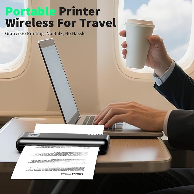 Rongta Portable Printer Wireless for Travel, Inkless Thermal Printers for 8.5" x 11" US Letter & A4 Size, Compatible with Android iOS Smartphone, Mac Windows Laptop for Office & Home (Black, Thermal)