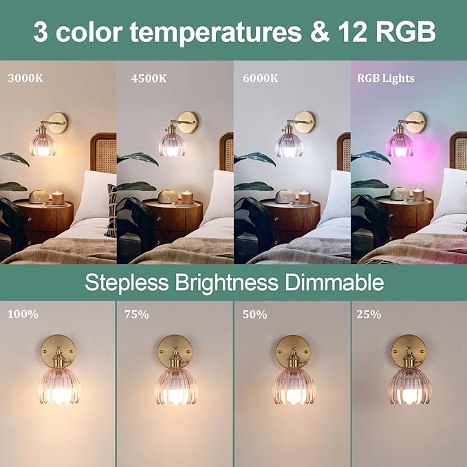 Vintage 5000 mAh Battery Operated Wall Sconce with Pink Clear Tulip Glass Lampshade Rechargeable Battery Powered Wall Light with Remote Control for Bedroom Doorway, Set of 2