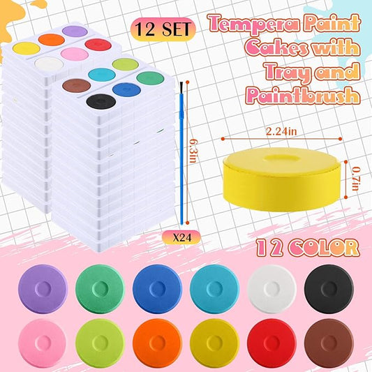 Nuanchu 144 Pcs Tempera Paint Cakes with Tray 12 Colors 2.24 x 0.71 Inch Painting Cakes with Paintbrush Paints Blocks Art Supplies for Art sessions Drawing Artists Beginners 12 Set