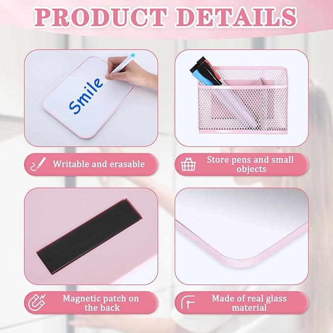 8PCS Pink Locker Accessories for Girls with Magnetic Mirror & Whiteboard, Magnetic Pen Holder, Dry Erase Markers, Magnets, Cute Locker Organizer & Decorations for Back to School Essentials