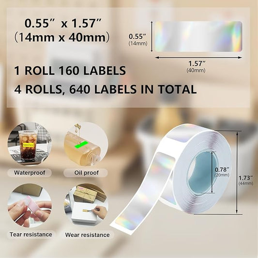 Thermal Label Tape 0.55"x1.57"(14x40mm) 4 Rolls,640Pcs,Waterproof,Oil-Proof,Strong Adhesive Thermal Labels,Compatible with D30 Portable Thermal Printer,for Home,Office,Storage,Sliver.