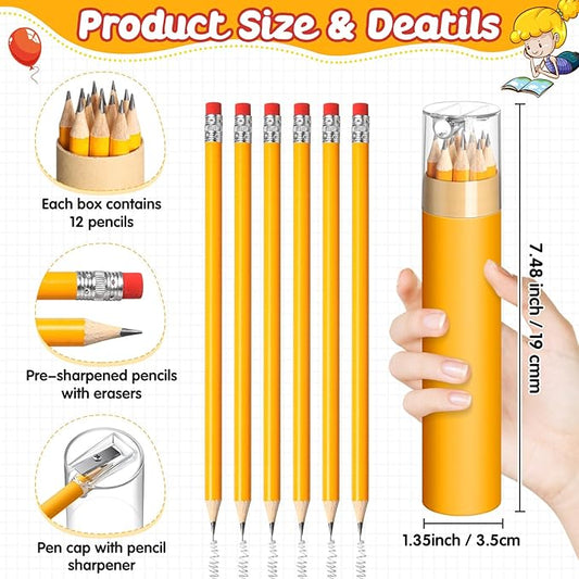 36 Pack 432pcs #2 HB Pencils Bulk in Tube with Sharpener and Eraser Wood-cased Pre-sharpened Pencils for Kids Student Back to School Supplies Classroom Prize Party Favor Gifts (Yellow)