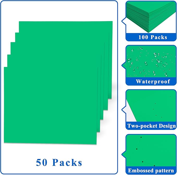 Zzrywuty 50 Packs Paper Folders with Pockets for Students,Businessmen and Office Workers,Letter Size,Two Pocket Folders with Card Slot for Office,Business,School Supplies (Green)