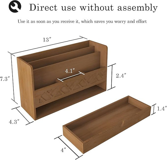 Bamboo Mail Organizer Countertop Desktop With Drawer - All-in-One Desk File Organizer for Office Supplies Storage With Pencil Holder (Walnut)
