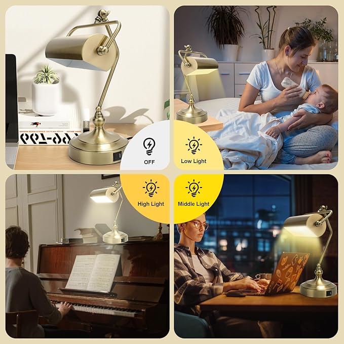 CONCA Classic Antique Touch Adjustable Desk Lamp, Banker Lamp, Piano Lamp, Eye Protection Table Lamp with Output Charging Port (LED Bulb Included in Package) (Bronze)