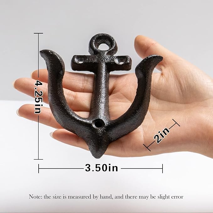 Notakia Decorative Wall Hooks Mounted Antique Shabby Chic Metal Cast Iron Nautical Anchor Design Hooks Hanger, Vintage Rustic Cast Iron Wall Hooks,Screws Included (Brown Anchor 4Pcs)