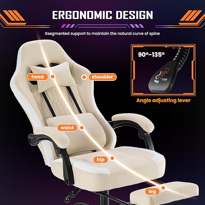 Sweetcrispy Computer Gaming Chair - High Back Ergonomic Desk Chair with Footrest and Lumbar Support, Height Adjustable Task Chair with Linkage Armrests and Headrest, 360° Swivel Wheels, Khaki