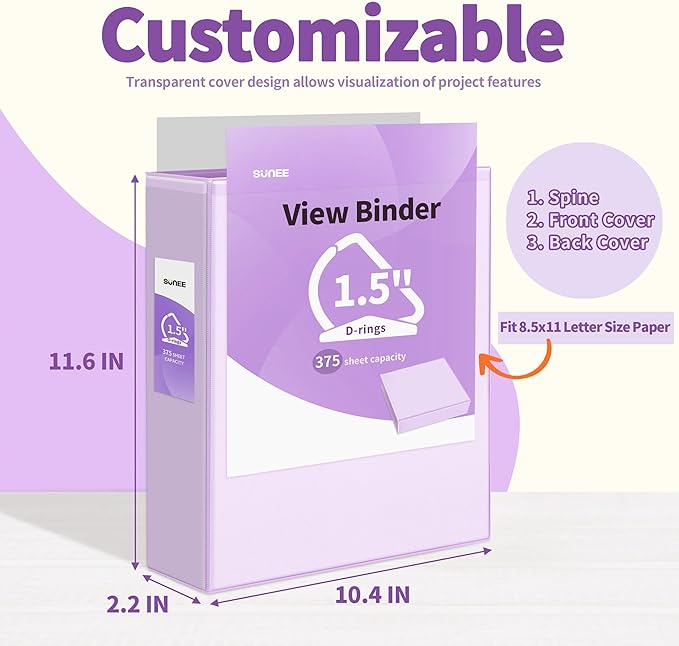 SUNEE 3 Ring Binder 1.5 Inch D Ring, Clear View Binder Three Ring PVC-Free (Fit 8.5x11 Inches) for School or Office Supplies, Purple, 2 Pack