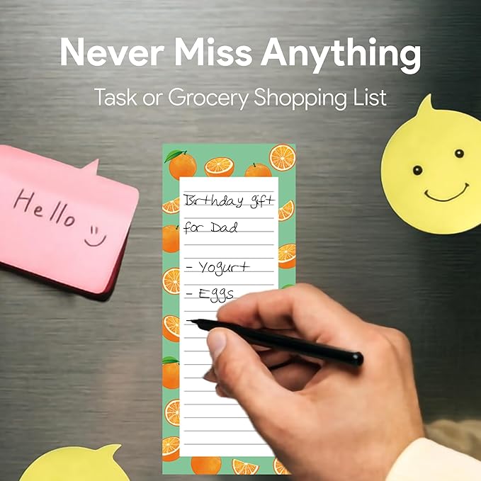4 Large Magnetic Notepads – Shopping List, To-Do List, Reminders, Grocery List Pads -Strong Full Magnetic Back- Memo Pads with Realistic Fruit Designs | 60 Sheets per Pad 9 x 3.5 inch (4 Pack)