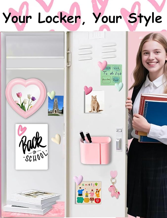 Pink Locker Accessories Kit for Girls with Haert Locker Mirror, Pen Holder, Magnetic Whiteboard, Rug, Magnets, 12 Piece Locker Organizer & Decorations for School Work Locker, Back to School Essentials