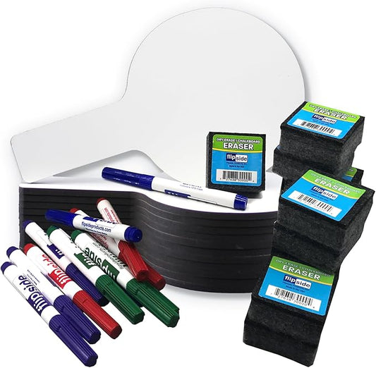 Flipside Products Mini Dry Erase Answer Paddles with Assorted Color Dry Erase Marker and Erasers, Auction, Handheld Whiteboard, Handle Response Board, 36 Pieces, Pack of 12
