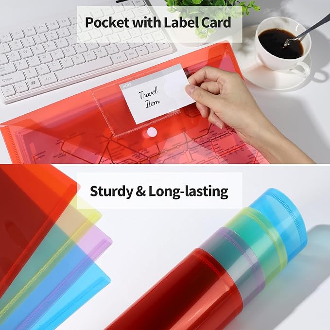LEOBRO File Folders for Documents, 4 Pcs Plastic Folders with Pocket, Plastic Envelopes with Snap Closure, Reusable File Bags, for School & Office, A4 Size