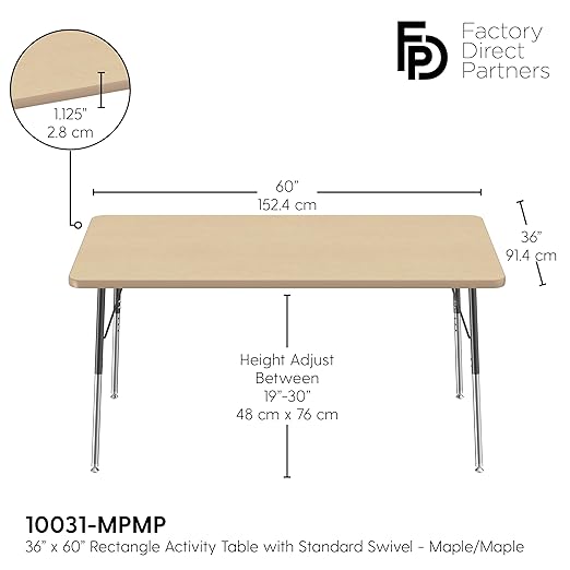 Factory Direct Partners FDP Rectangle Activity School and Office Table (36 x 60 inch), Standard Legs with Swivel Glides, Adjustable Height 19-30 inches - Maple Top and Maple Edge