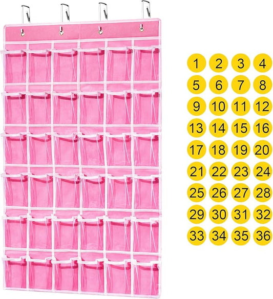 36 Clear Pockets Classroom Pocket Chart for Cell Phones, Pocket Chart Organizer for Calculator Holder with 36 Number Sticker Classroom Hanging Cell Phones Organizer (Pink)