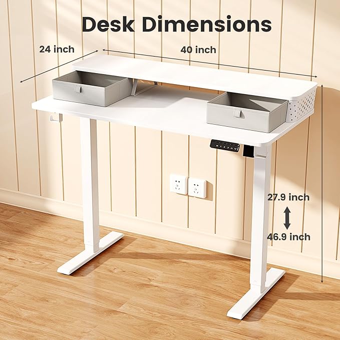 Small Standing Desk with Drawers and Brushless Motor,Electric Sit Stand Desk for Walking Pad,Ergonomic Stand Up Desk for Home Office & Gaming,3 Memory Height Preset & Hooks(40" x 24",White)