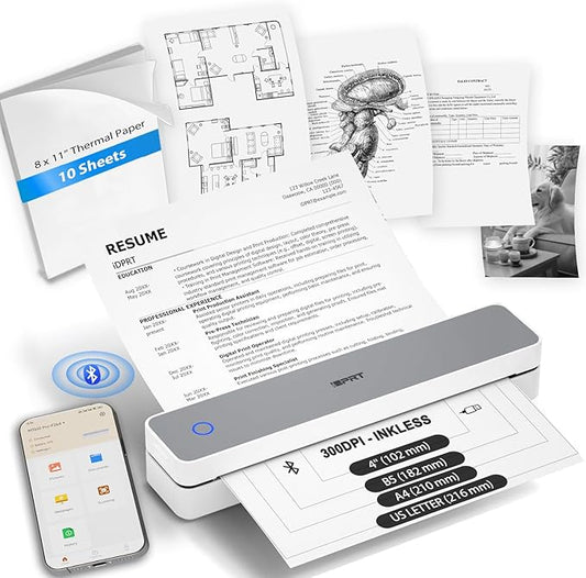 iDPRT Inkless Portable Printer for Travel, 300DPI Wireless Thermal Printer Support 8.5" x 11" US Letter, A4, Small Bluetooth Printers Compatible with iOS, Android Laptop for Home Office Car, Grey