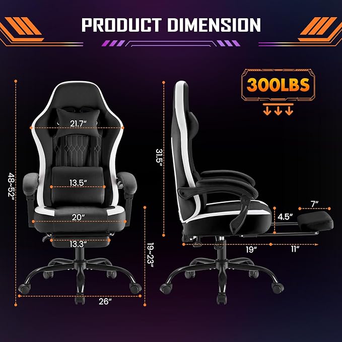 Sweetcrispy Computer Gaming Chair - High Back Ergonomic Desk Chair with Footrest and Lumbar Support, Height Adjustable Task Chair with Linkage Armrests and Headrest, 360° Swivel Wheels, Black