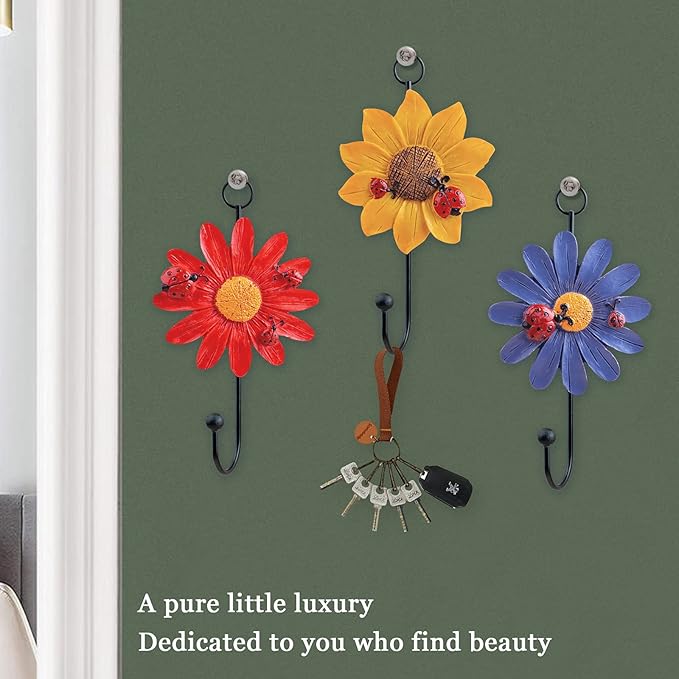 Notakia 8pcs Resin Daisy Flower Wall Hooks Decoration Hanging Coat Hooks Vintage Art Printing Iron Hook Key Hat Towel Wall Mounts Hooks Home Decor