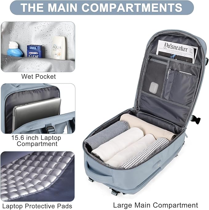 Travel Backpack For Women Men Airline Approved Carry On Backpack Flight Approved Waterproof Sports Luggage Backpack Casual Daypack Small Hiking Backpack Grey Blue