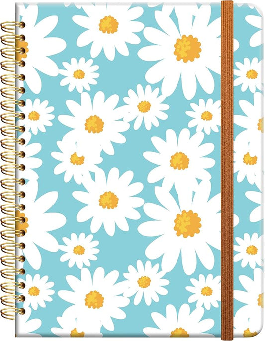 Ruled Spiral Writing Notebook,A5 Hardcover Lined College Journal for Women Lady Girl,Strong Twin-Wire Binding with Premium Paper,8.4" X 6",Perfect for School,Office,Home Gifts(white daisy)