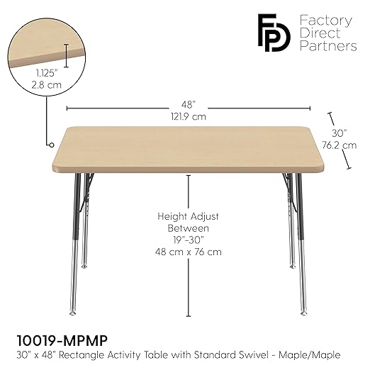 FDP Rectangle Activity School and Office Table (30 x 48 inch), Standard Legs with Swivel Glides, Adjustable Height 19-30 inches - Maple Top and Maple Edge