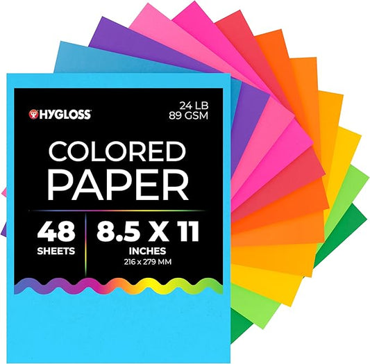 Hygloss Assorted Bright Colored Paper - 24 lb, 89 GSM, Acid-Free, Fade-Resistant, 8.5x11-Inch Letter Size Color Copy Paper, 48 Sheets, 12 Colors