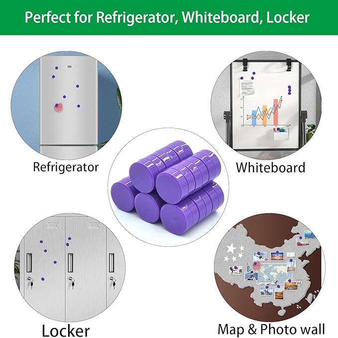 ZDZBLX 30 Pack Strong Fridge Magnets, Heavy Duty Round Refrigerator Magnets, Small Whiteboard Magnets for Fridge, Locker, Crafts, Kitchen, Office, Classroom, Mini Cute Magnet for Home School (Purple)