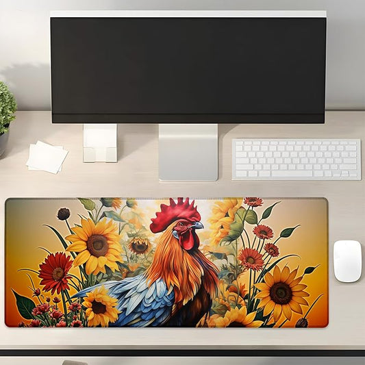 Rooster and Sunflowers Gaming Mouse Pad Gifts 31.5" x 11.8", Non-Slip Rubber Base MousePads for Computers Laptop School Office Home Accessories Decor, Mouse Pad, Keyboard Desk Mat