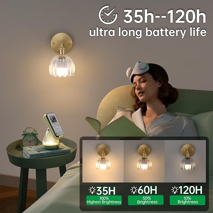 Vintage Battery Operated Wall Sconce with Clear Tulip Glass Lampshade 5000 mAh Rechargeable Battery Powered Wall Light with Remote Control for Bedside Bedroom Doorway, Set of 2