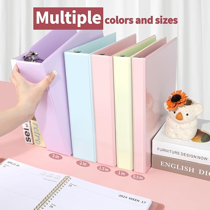 SUNEE 3 Ring Binder 0.5 Inch D Ring, Clear View Binder Three Ring PVC-Free (Fit 8.5x11 Inches) for School or Office Supplies, Assorted Pastel, 4 Pack