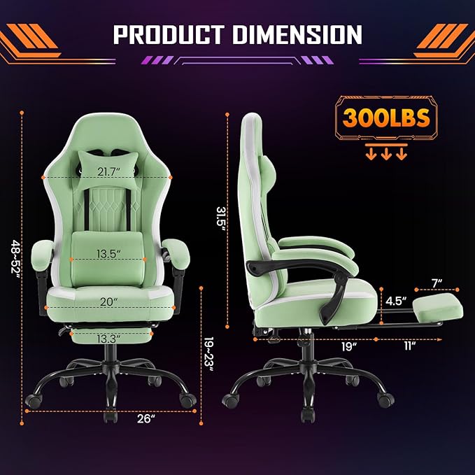 Sweetcrispy Computer Gaming Chair - High Back Ergonomic Desk Chair with Footrest and Lumbar Support, Height Adjustable Task Chair with Linkage Armrests and Headrest, 360° Swivel Wheels, Green