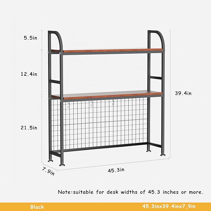 2-Tier Desktop Hutch Bookshelf - Metal Desk Shelf Bookcase with Grid Panel, Countertop Storage Organizer Rack for Dorm or Office, Black, 45.3" W