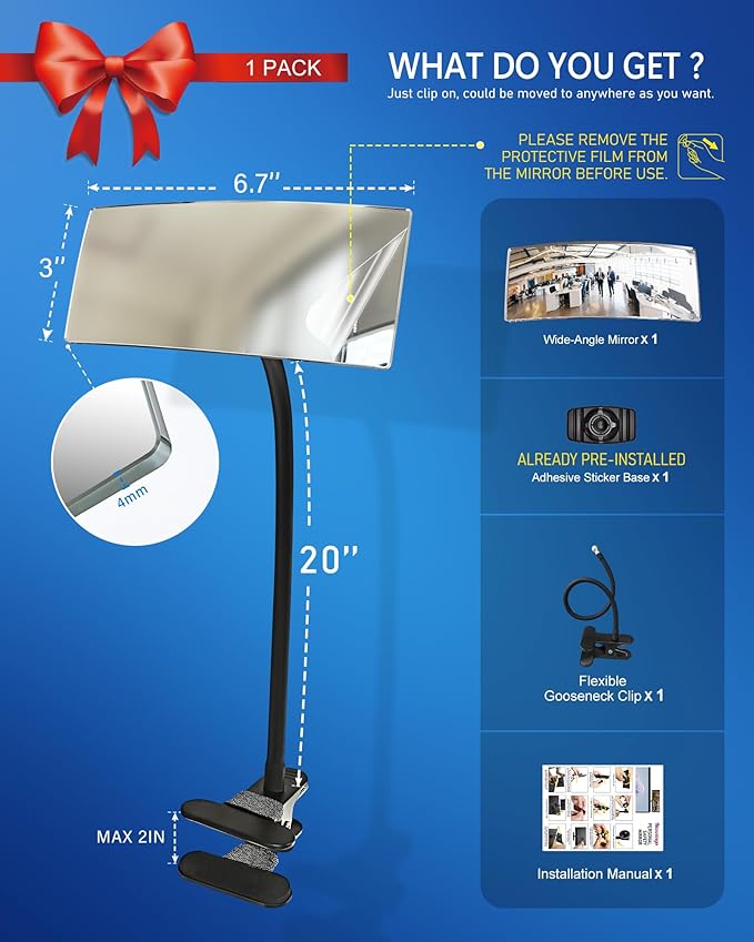 Clip-On Security Mirror to See Behind You - 6.7" x 3" Convex Cubicle Mirror for Personal Safety, 360° Adjustable Rear View Monitor for Desk, Office, Warehouse & Workplace Security - 20in