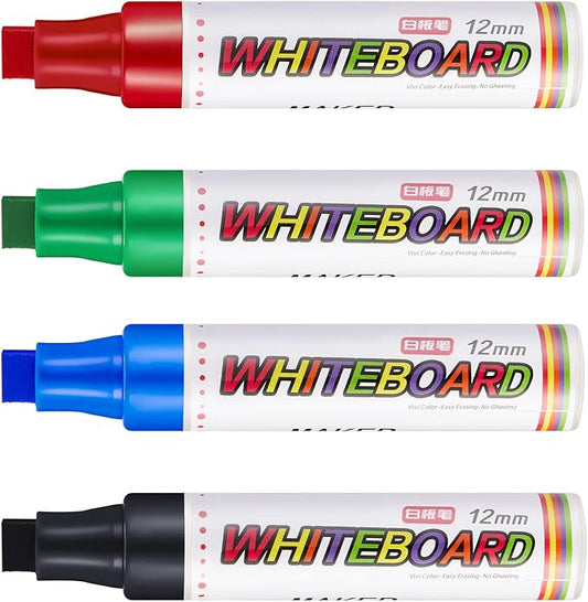 4 Packs Extra Thick Dry Erase Markers Fine Point White Board Markers Dry Erase 12 mm Big Nib Erasable Pens for Glass, Window, Black Board, Mirror, Assorted Colors