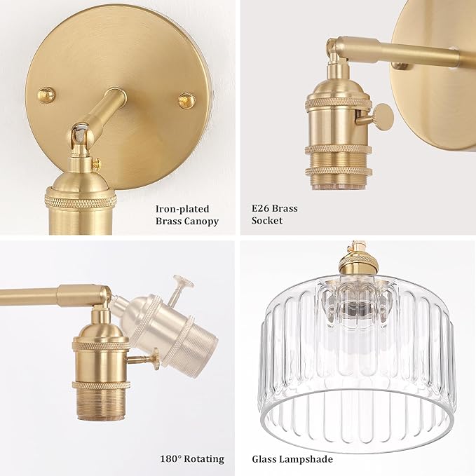 Vintage Battery Operated Wall Sconce with Clear Striped Glass Lampshade 5000 mAh Rechargeable Battery Powered Wall Light with Remote Control for Bedside Bedroom Doorway, Set of 2