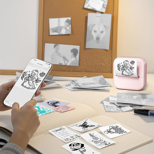 Inkless Sticker Printer, Print Pods Mini Printer Compatible with Phone & Tablet, Mini Sticker Printer with Stickers, M02L Portable Thermal Printer for Study Notes, Print Pictures & Photos, Journals