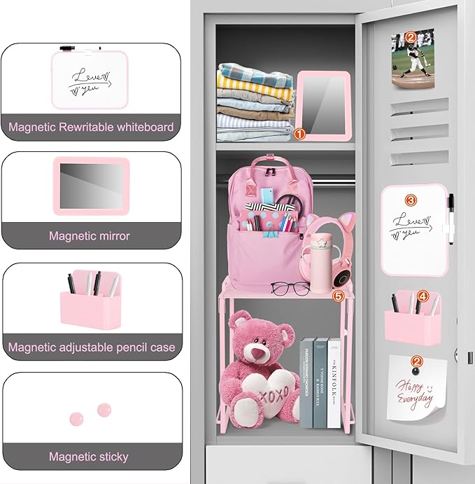 Locker Organizer Accessories Decorating Kit, Metal Mesh Locker Shelf, Magnetic Pen Holder,Mirror,Whiteboard, Markers, Magnets,Suitable for School,Work,Office,Gym (2pack-Pink)