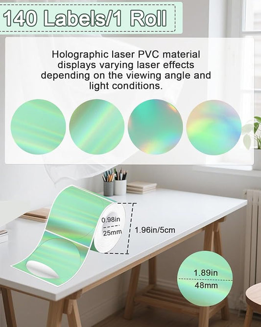 2" Round Holographic Thermal Label Stickers Pink, Round Printable Rainbow Glitter Thermal Printer Sticker Labels for Gift Wrapping, Self-Adhesive Name Price Tag DIY Custom Logo Design, Green