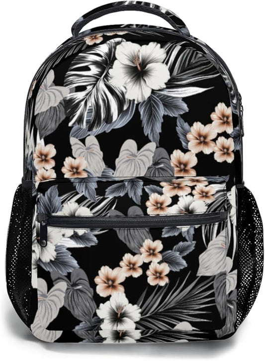 Hawaiian Black Floral Print Backpack Tropical Beachy Flower Leaf School Bookbag Summer College Shoulders Back Pack for Travel Hiking Camping