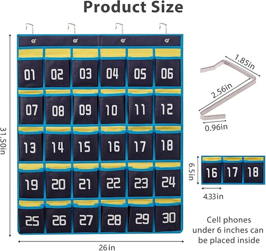 HBlife 30 Pockets Numbered Classroom Organizer Pocket Chart Cell Phones Holder Wall Door Hanging Storage Bag (Blue, 1 Pack)