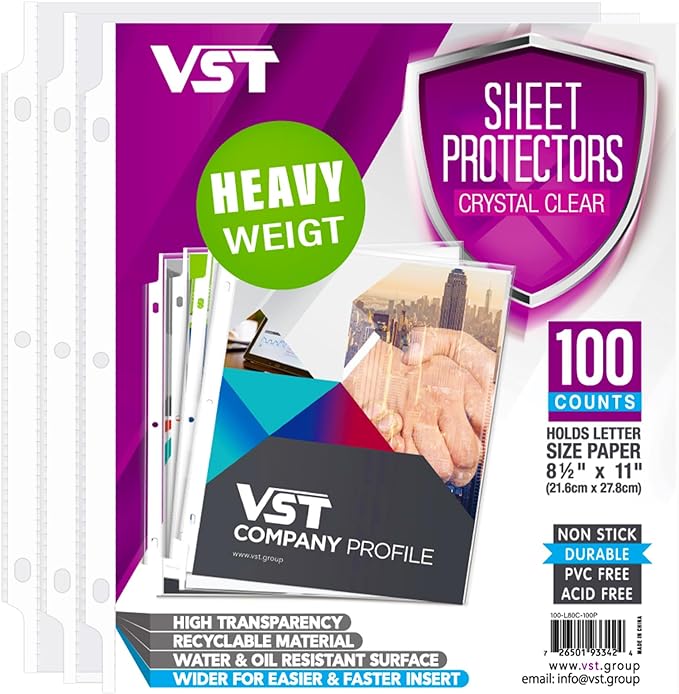 VST Heavy Duty Sheet Protectors 8.5 x 11 Inch for 3 Ring Binder, 3 Mil Crystal Clear Page Protectors, Plastic Sleeves for Binders, Top Loading Paper Protector Letter Size,100 Sheets