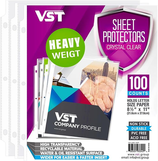 VST Heavy Duty Sheet Protectors 8.5 x 11 Inch for 3 Ring Binder, 3 Mil Crystal Clear Page Protectors, Plastic Sleeves for Binders, Top Loading Paper Protector Letter Size,100 Sheets