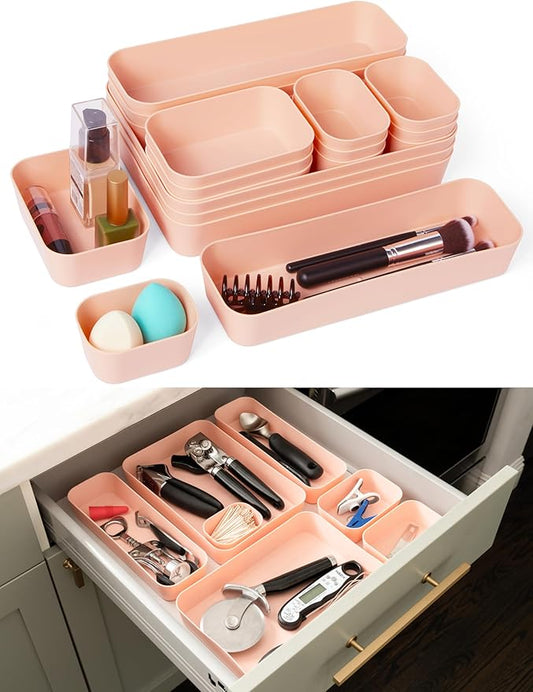 Spacesaver 20-Piece Plastic Drawer Organizer Set – Office, Makeup, Vanity, Bathroom & Desk Drawer Storage Trays – Stackable, Durable PP Bins in Multiple Sizes for Home & Office Organization