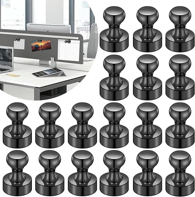 LOVIMAG Fridge Magnets for Office Accessories, 20 Pcs Black Refrigerator Magnets for Office Organization, Small and Strong Push Pin Magnet for Whiteboard,Classroom,Kitchen,Locker Etc