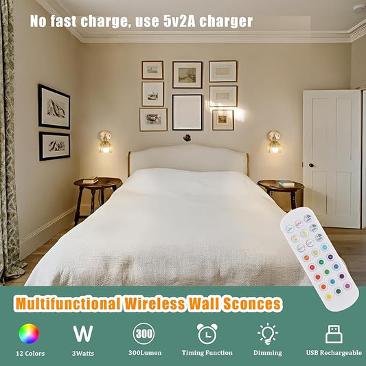 Vintage 5000 mAh Battery Operated Wall Sconce with Yellow Clear Tulip Gradient Glass Lampshade Rechargeable Battery Powered Wall Light with Remote Control for Bedroom, Set of 2