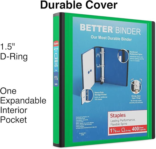 Staples 827607 1.5-Inch 3-Ring Better Binder Green (19059)